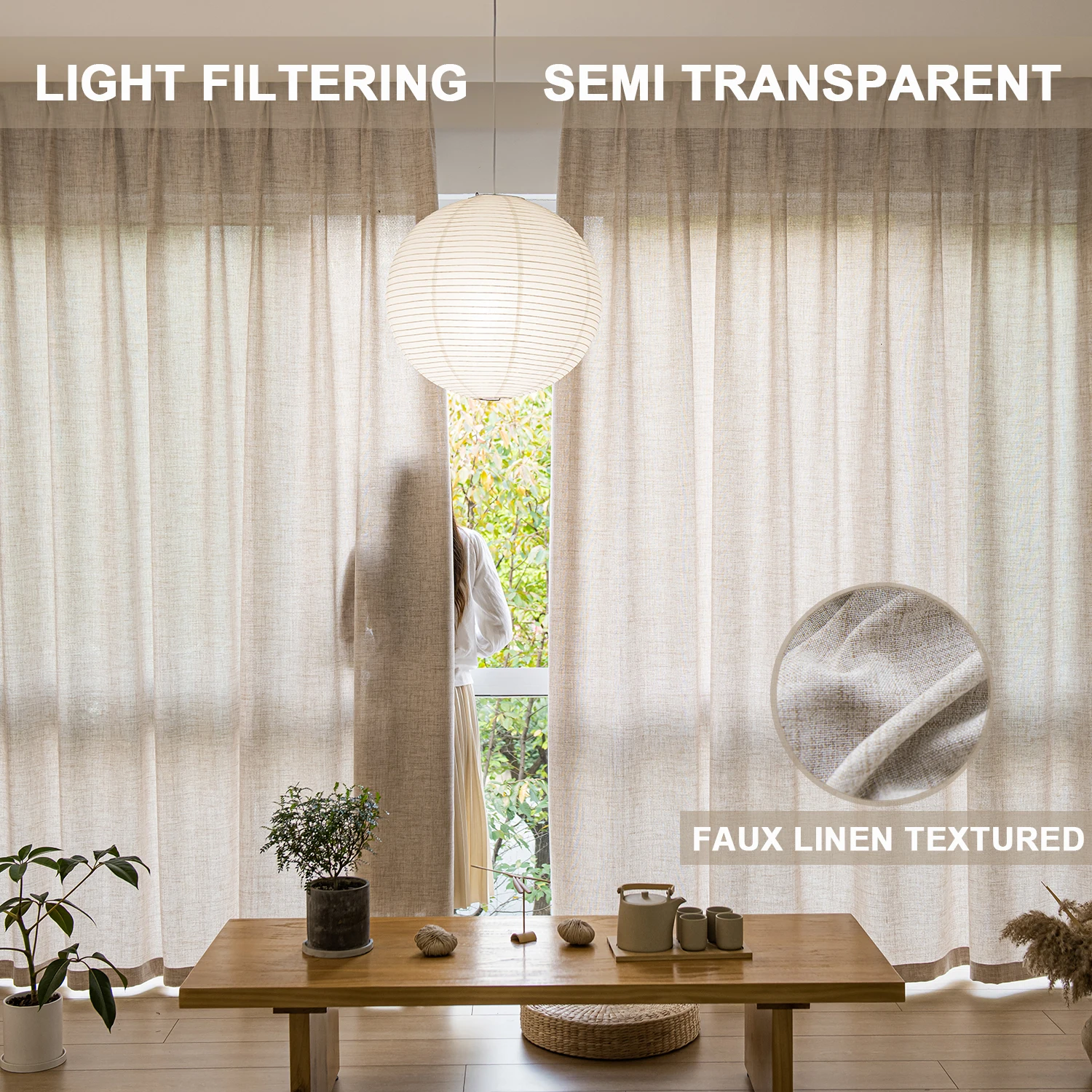 Thickened Plain Imitation Hemp Curtains, Japanese Simple Light Filtering Semi Sheer Curtains for Living Room, Bedroom, Balcony