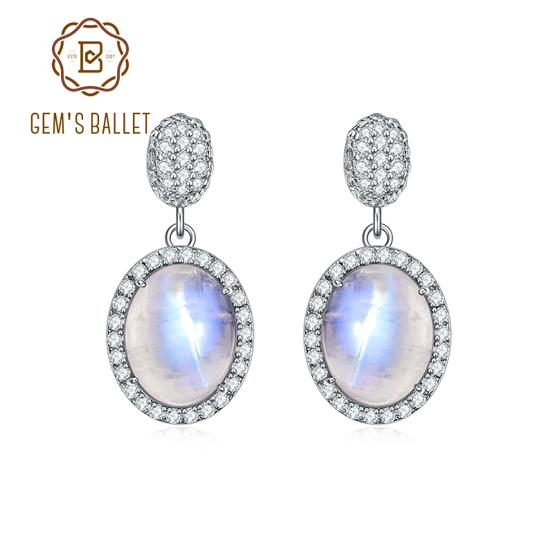 

GEM'S BALLET Oval Shap Milky Blue Moonstone Drop Earring Lab Created White Sapphire Earring 925 Sterling Silver Wedding Jewelry