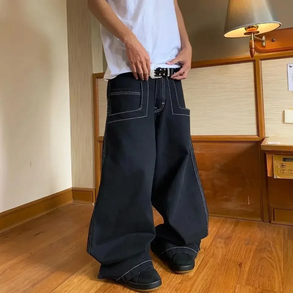 Jnco 남녀공용 트렌디 하이 스트리트 자수 데민 청바지, 힙합 팝 루즈핏 와이드 팬츠, 커플 미들 라이즈 청바지, 7 링