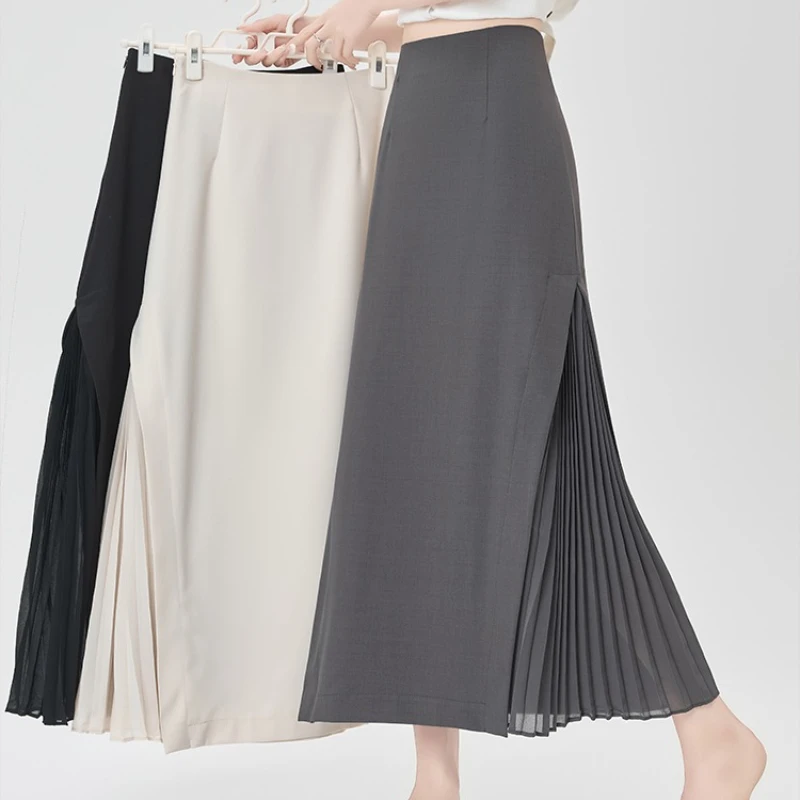 

Шифоновые лоскутные женские юбки трапециевидной формы с высокой талией, новинка 2025, однотонные повседневные свободные офисные плиссированные юбки-зонтики, женские весенние