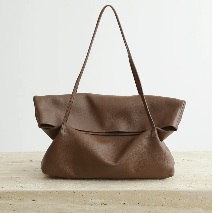 Goat Leather Tote Bag Women Soft Unstructured Foldable Shoulder Handbag Lazy Vintage Large Capacity Daily Work Commute Bag