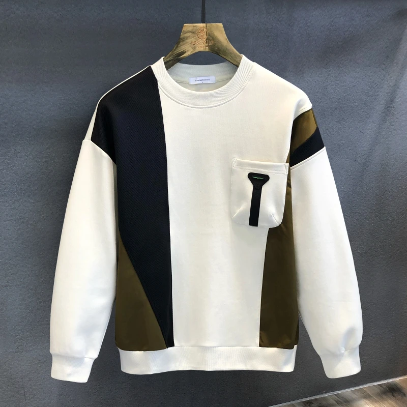 

Summer 2024 Boyfriend Spring and Autumn New Splicing O-Neck Contrast Color Pocket Fashion Loose Casual Long Sleeve Sweatshirts