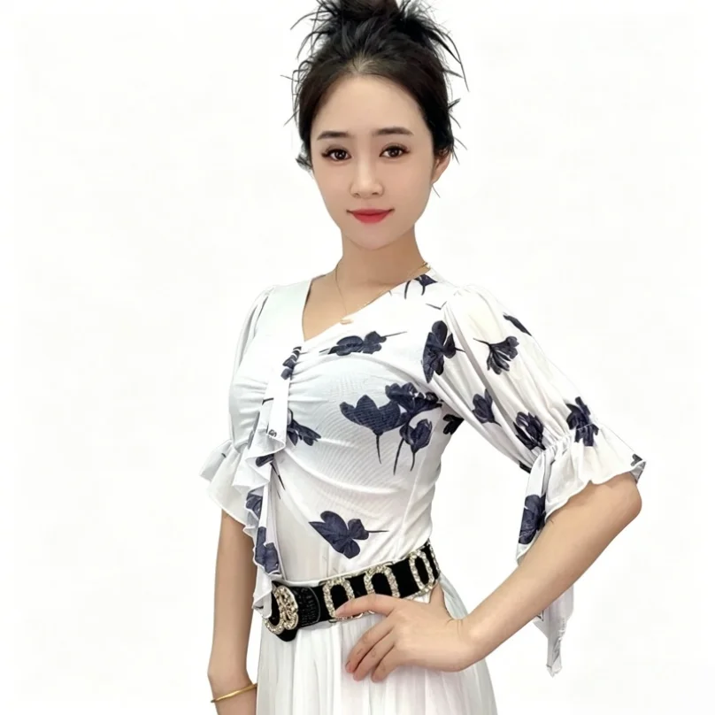 

Dancing Clothes Women's Dancing Tops Small Shirts Square Dance Performance Clothes Mesh five-Point Sleeve Bottoming Shirts
