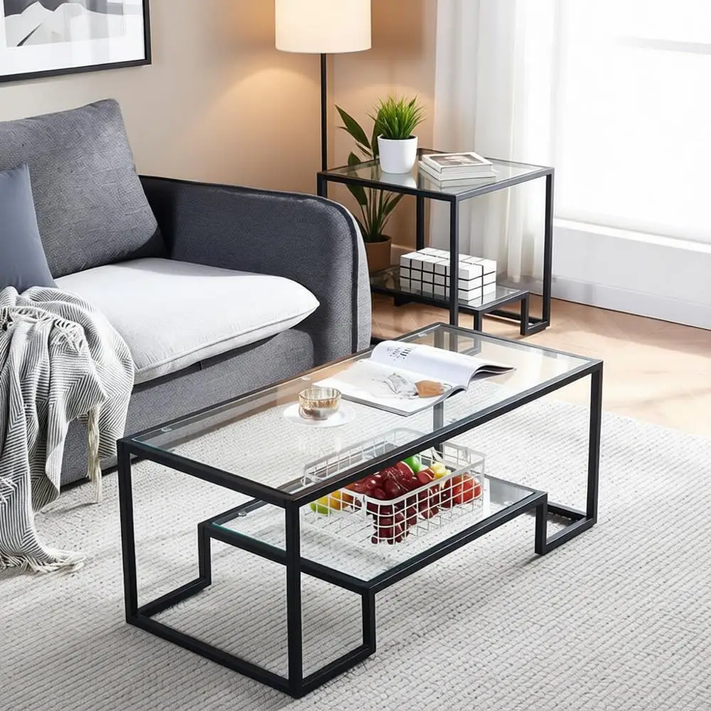 

Стеклянный журнальный столик - простой центральный столик для гостиной, металлический журнальный столик с 2 полками, приставной столик для спальни