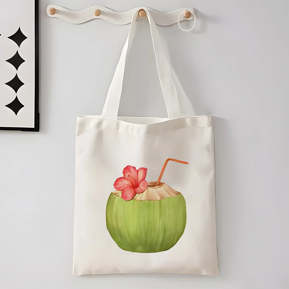 A Coconut pattern print canvas tote bag, suitable for daily use, shopping, school, and travel