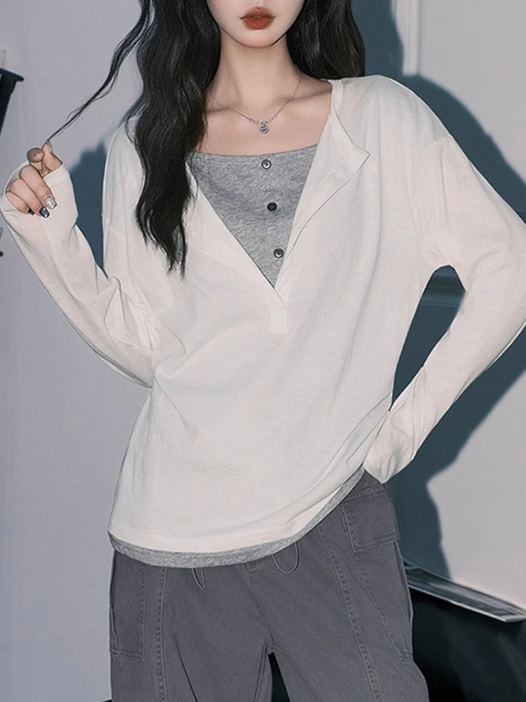 

Корейская футболка Sle Color Blo Long Sve, женская свободная футболка Base irt, весна-осень-зима, топ с открытым воротником