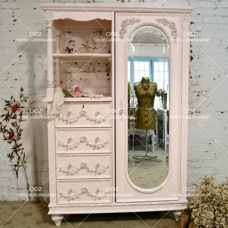 Solid wood wardrobe French retro old bedroom carved storage drawer cabinet household glass single door storage wardrobe