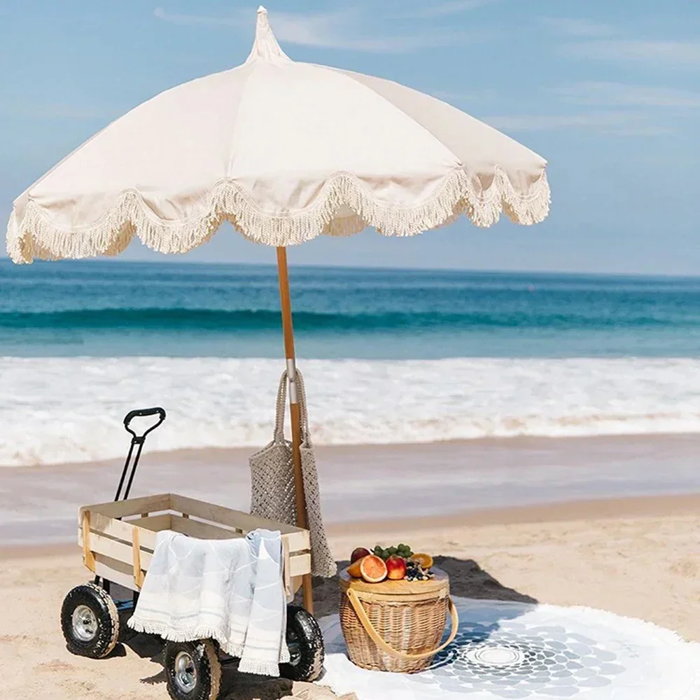 Nordic Premium Canvas Sun Parasol 6.5ft 7ft Wooden Pole Swimming Luxury White Fringed Beach Pagoda