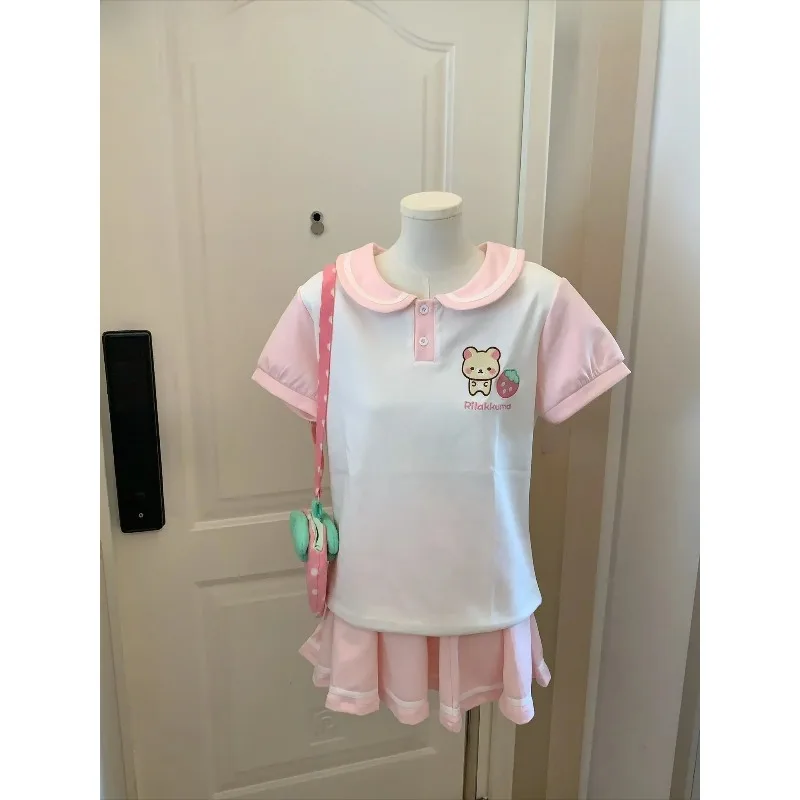 

Cute Cartoon Embroidery Summer New Contrasting Color Lapel Short Sleeved Casual Tshirt Top Sweet Pleated Mini Skirt Lolita Women