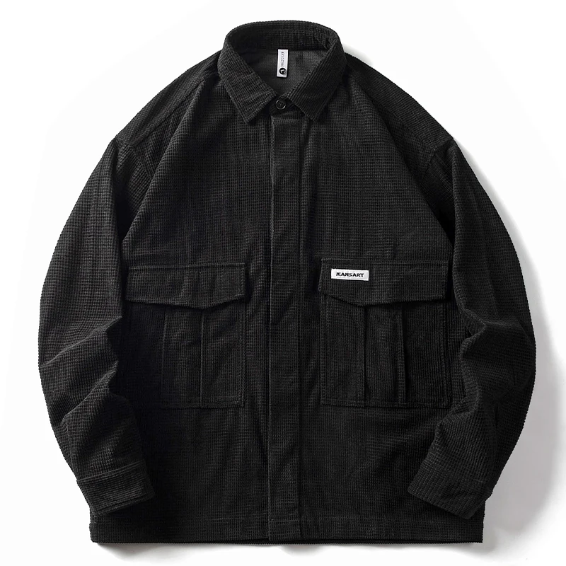 Camisa waffle cargo vintage masculina, roupa japonesa, moda coreana, streetwear, casaco da moda, plus size, harajuku, blusa casual de lapela preta