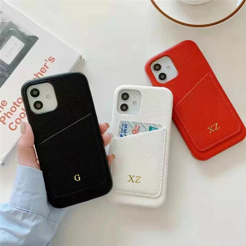 Customized Gold Letters Leather Card Holder Case For iphone 14 13 Pro Max 12 11 Pro Max X XS XR 15 16 Plus SE Luxury Hard Cover
