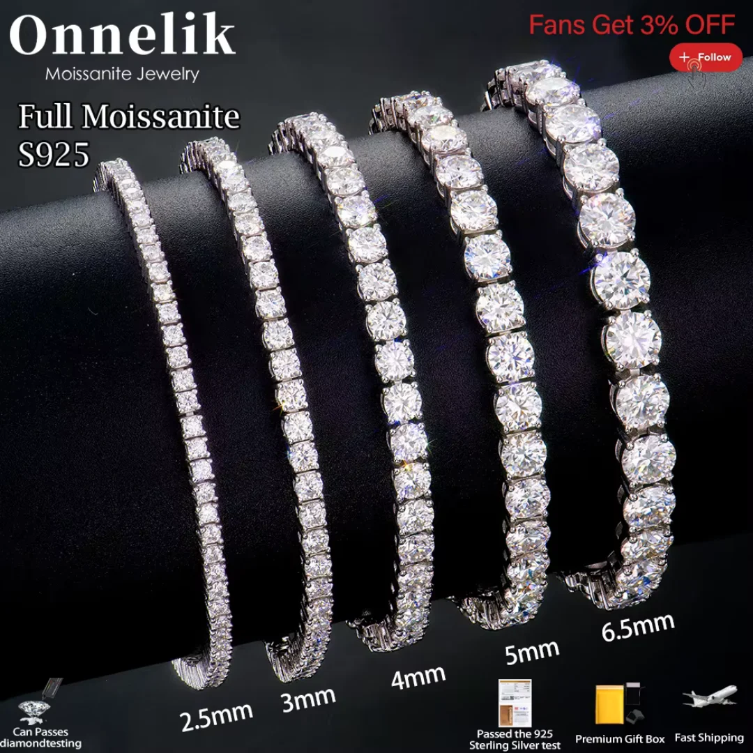 

Onnelik Full 2.5-6.5mm D Color VVS1 Moissanite Tennis Bracelet for Woman Man Sparkling Diamonds S925 Sterling Sliver Hip Hop
