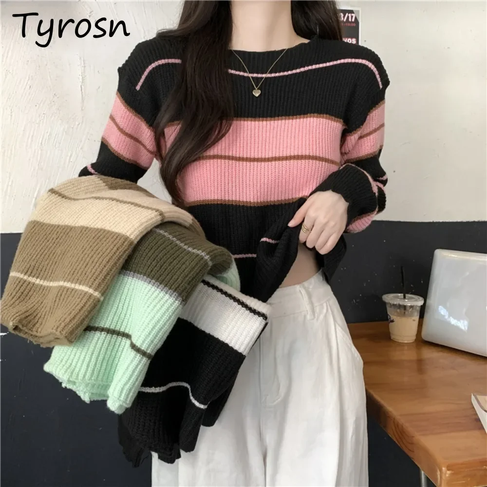 

Pullovers for Women Knitting Slouchy Classical All-match Simple Panelled Striped Autumn Comfortable Korean Style Female Casual