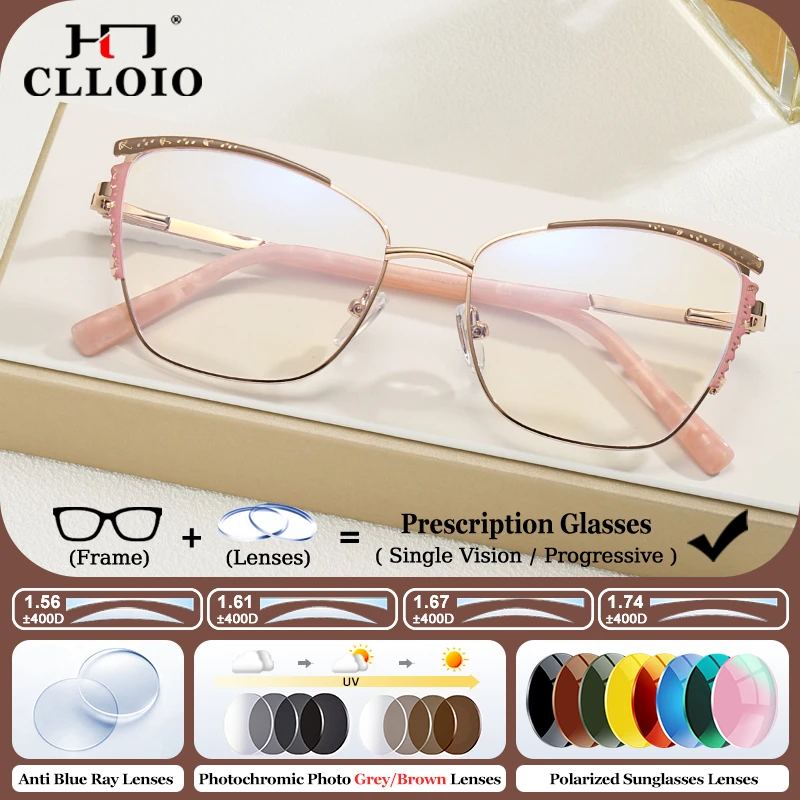 

CLLOIO Women Cat Eye Office Reading Eyeware Fashion Anti Blue Light Photochromic Myopia Optical Eyeware Progressive Eyeglasses