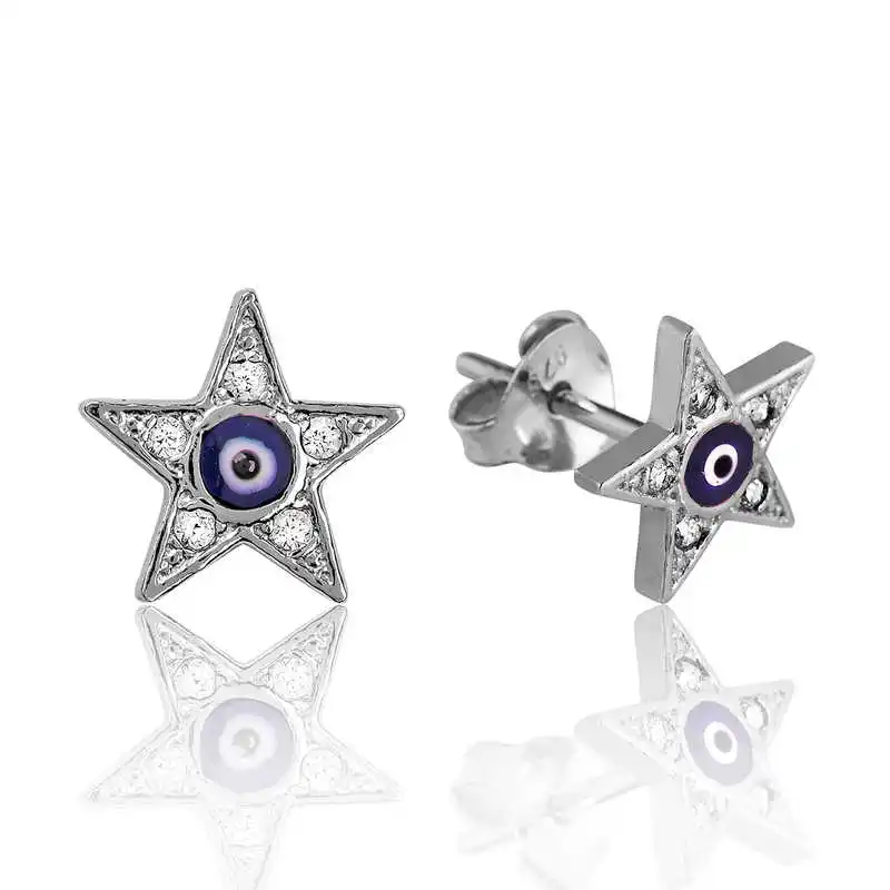 Silver Evil Eye Star Studded Earrings Zircon Stone 925 Sterling Women for Jewelry Wedding Party Birthday Gift - Box - Fashion - Girl - Special Days