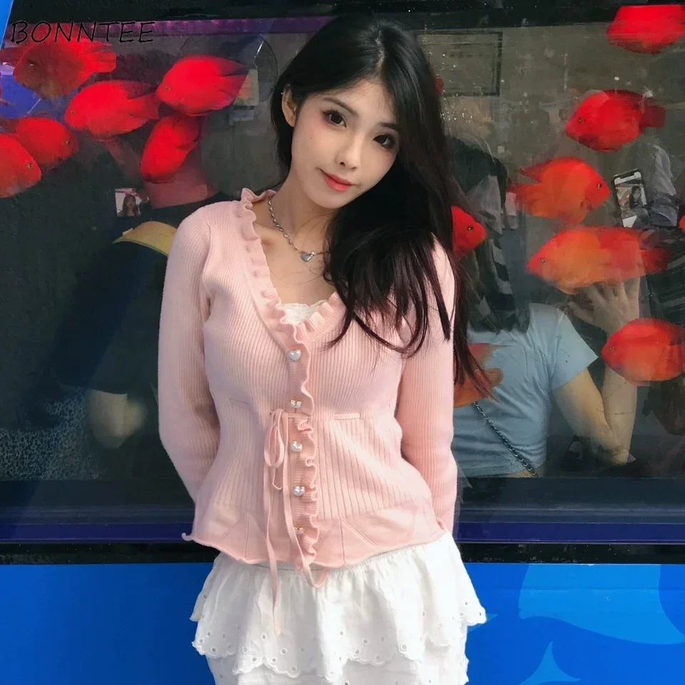 

Women Shirt Slim Fit Lace-up Design V-neck Daily Harajuku High Street Hotsweet Autumn Cropped Knitted Mujer Lace Patchwork Chic