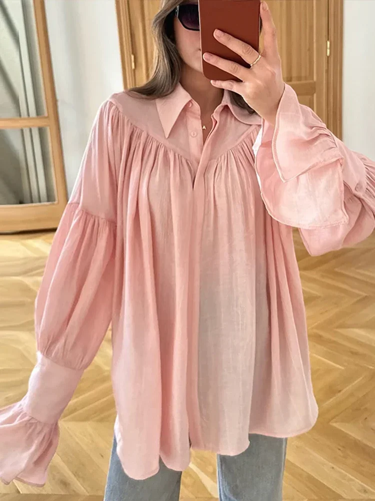 

Summer Ruffled Loose Shirts Cardigan For Women Lapel Long Sleeve Casual Solid See-Through Blouse Female Pleated Shirts New