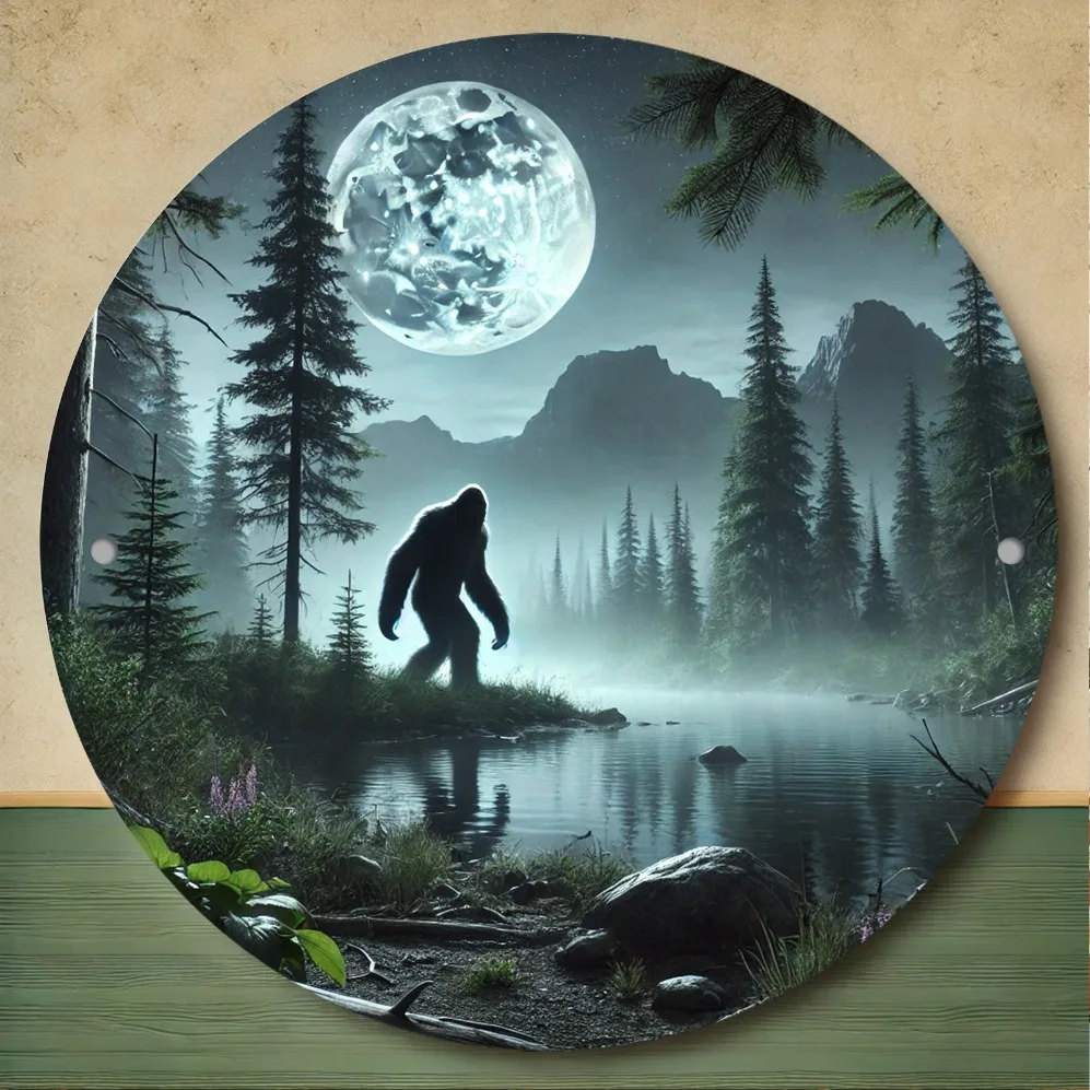 Vintage 2D Circular Aluminum Sign: Sasquatch in Moonlight – HD Printed, Waterproof, Durable Wall Art for Home, Office, Bar &