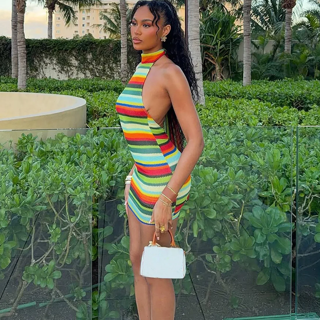 Cryptographic Striped Knit Halter Mini Dress Colorful Contrast Sleeveless Backless Summer Casual Clubwear Bodycon Short Dresses - Image 6