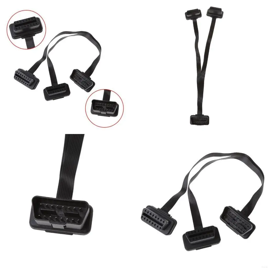 6XDF 16 Pin OBD2 Male To Double Female Splitter Flat Thin Y Connector Extension Cable