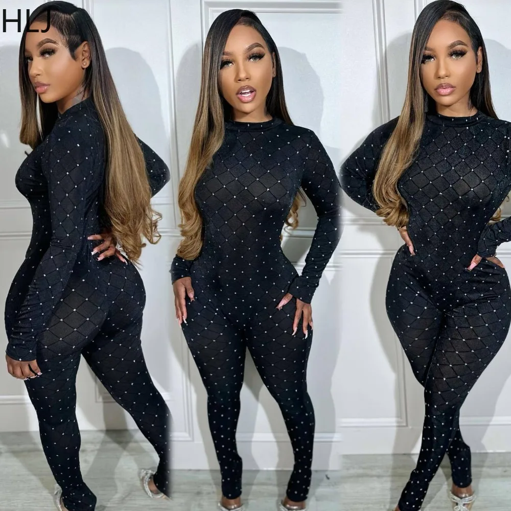 

HLJ Black Sexy Mesh Perspective Rhinestone Bodycon Nightclub Jumpsuits Women Round Neck Long Sleeve Slim Playsuit Female Overall