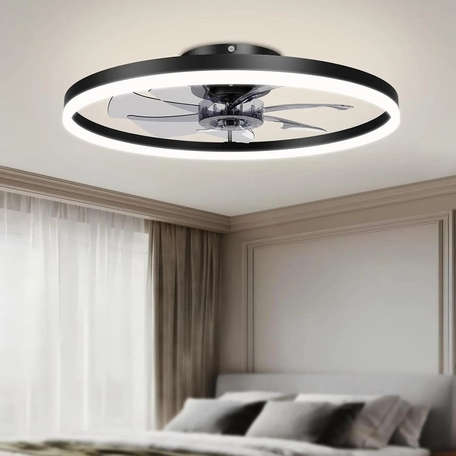 23.6-Inch Low Profile Ceiling Fan with Lights, Remote & 3000K-6500K Dimmable LED, Assembly-Free Flush Mount Fandelier Fan Light, Black Bladeless Ceiling Fan for Bedroom