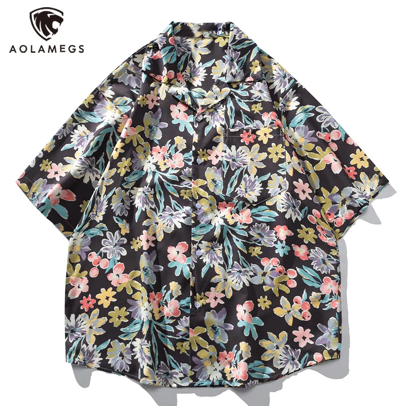 

High Street Multi Color Flower Painting Print Hawaiian Shirt for Men Summer Fashion Short Sleeve Lapel Button Shirts Oversized