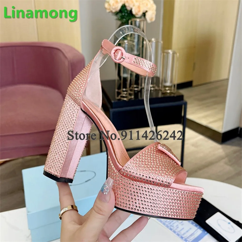 Crystal Square Heel Platform Luxury Sandals For Female Women Solid Fashion Elegant Round Toe Ankle Buckle Strap All-match Shoes