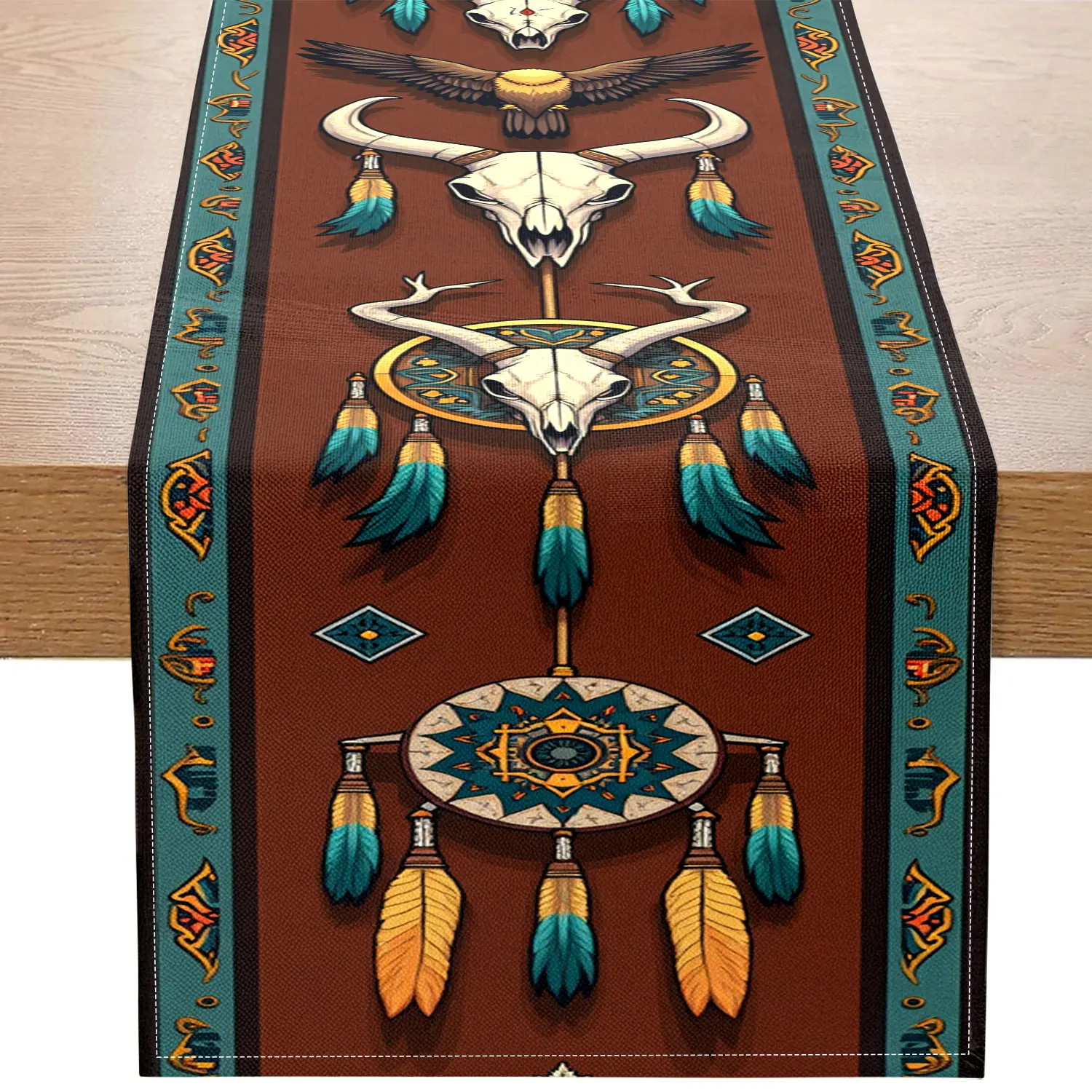 1 Piece of Indian Tribal-Themed Table Runner, Decorated with Skulls, Dream Catchers, Feathers, and Other Elements, Suitable for Exotic and Tribal-Themed Spaces