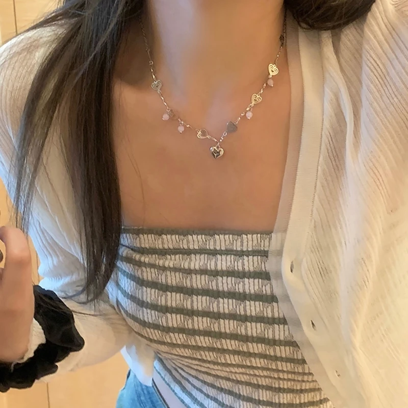 Y1UB Fashion Pink Crystal Heart Pendant Necklace Temperament Charm Choker Neck Chain image 5