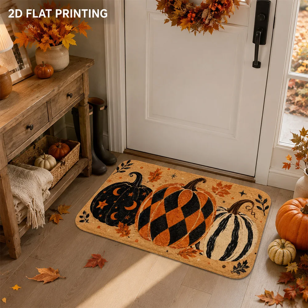 Halloween Flannel Doormat Vintage Fall Pumpkin Leaves Print Non Slip Washable Entryway Rug Farmhouse Autumn Porch Home Decor Mat
