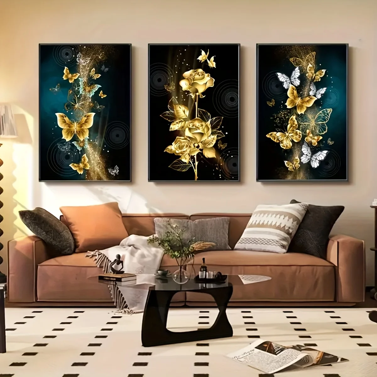 

3pcs 2D Flat Luxury Floral and Butterfly Frame Canvas Art Set, Modern and Vibrant Wall Decoration for Living Rooms and Bedroom