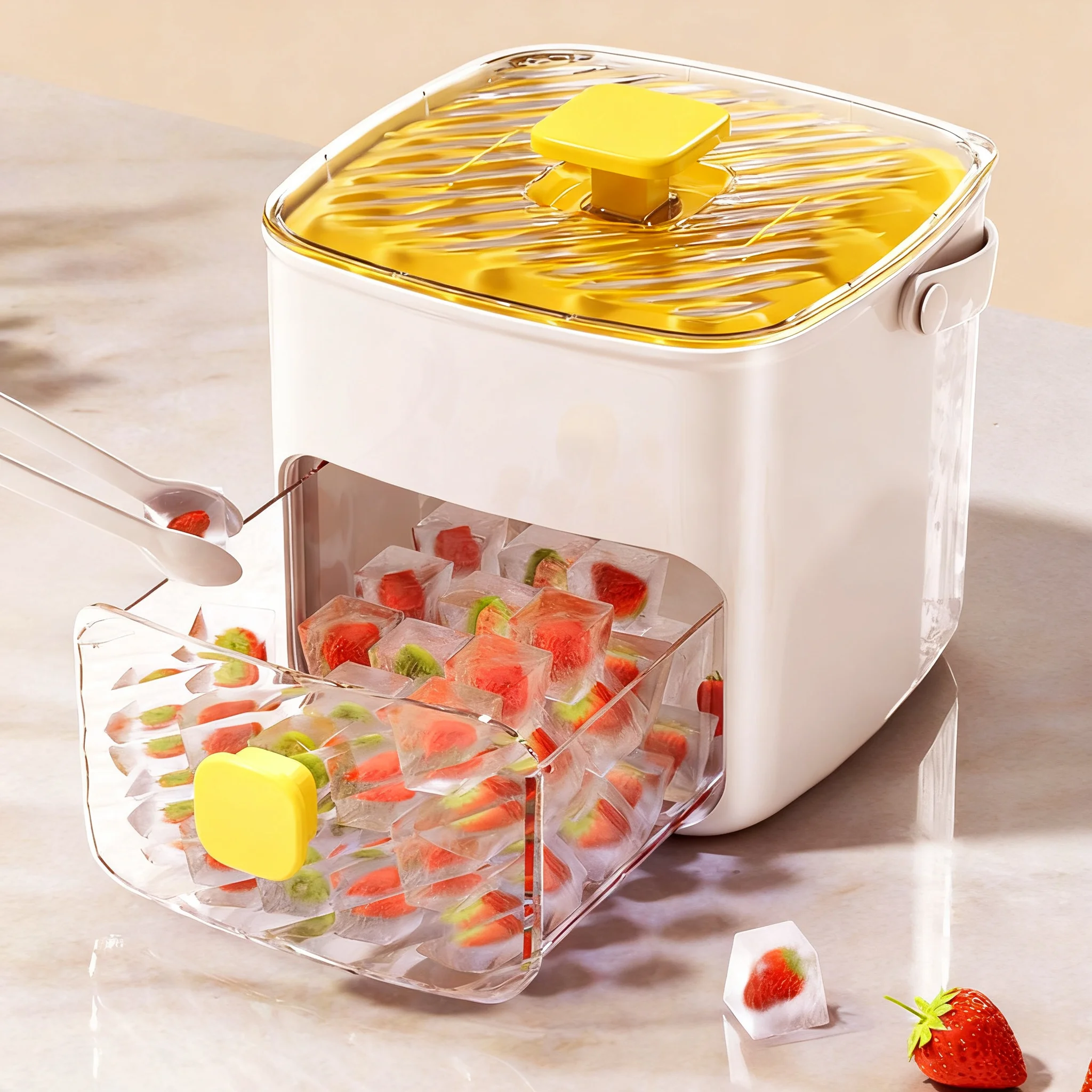 Ice Cube Tray with Lid and Bin, Space-Saving Small Ice Bucket with Tongs, Easy Release Ice Cube Trays with Lids for Freezer