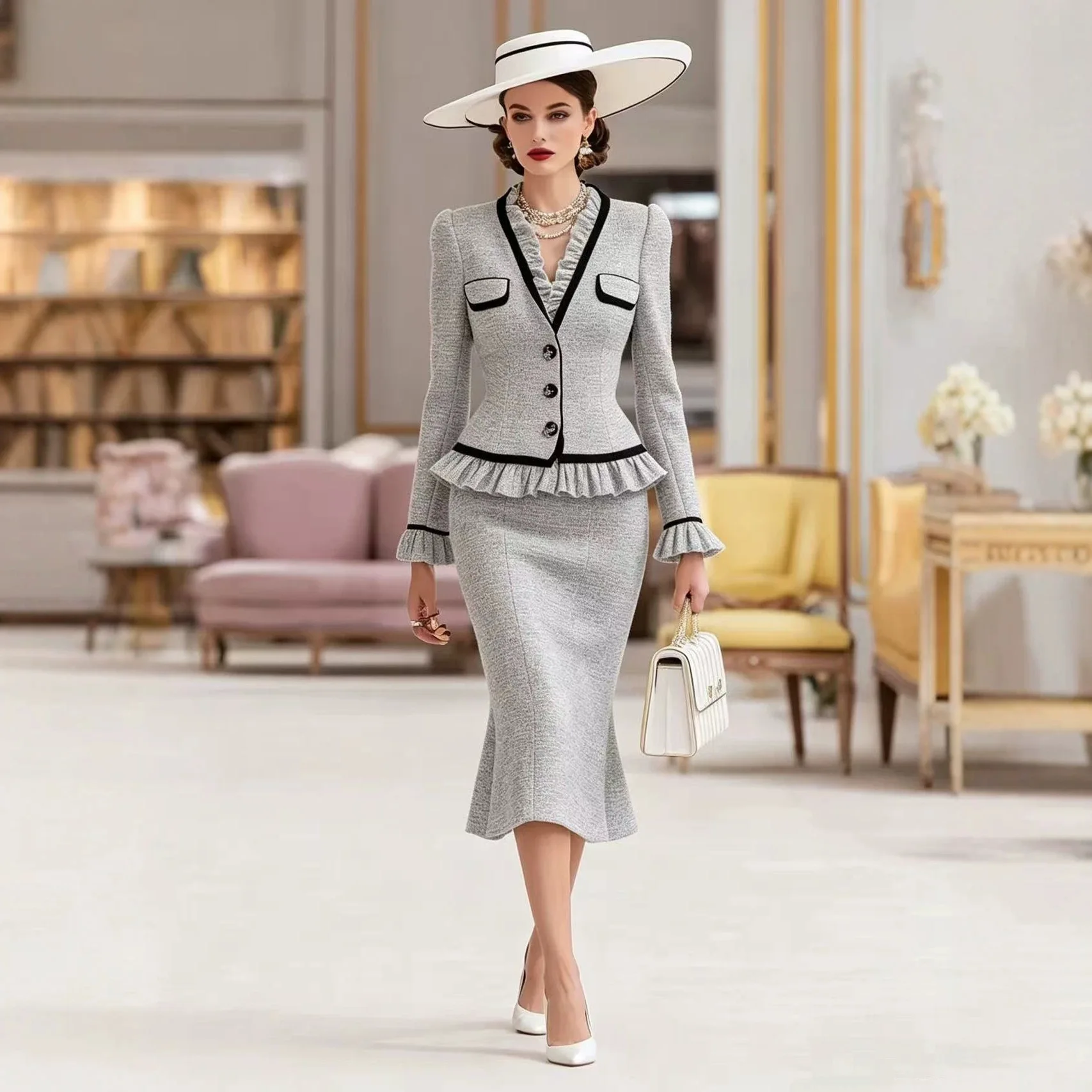 XXOWENLI Women 2‑Piece Suit V‑Neck Ruffle Trim Blazer Jacket+Mermaid Midi Skirt Elegant Office Luxury Party Matching Outfit Set view 4