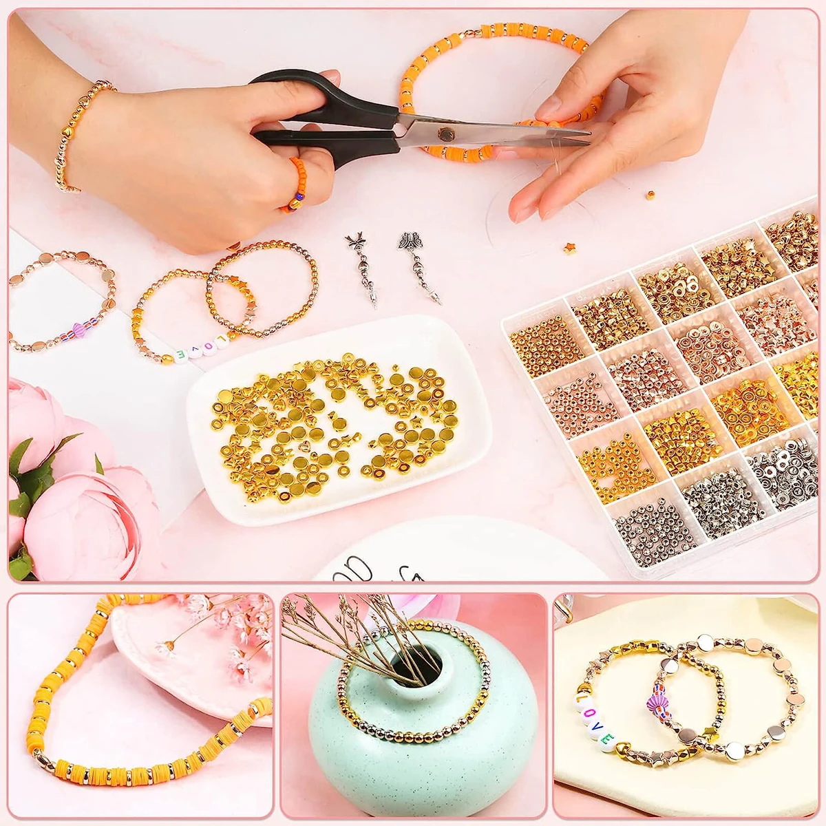 2160pcs Golden Spacer Beads Set, Assorted Round Star Gold Beads for Bracelet Jewelry Making