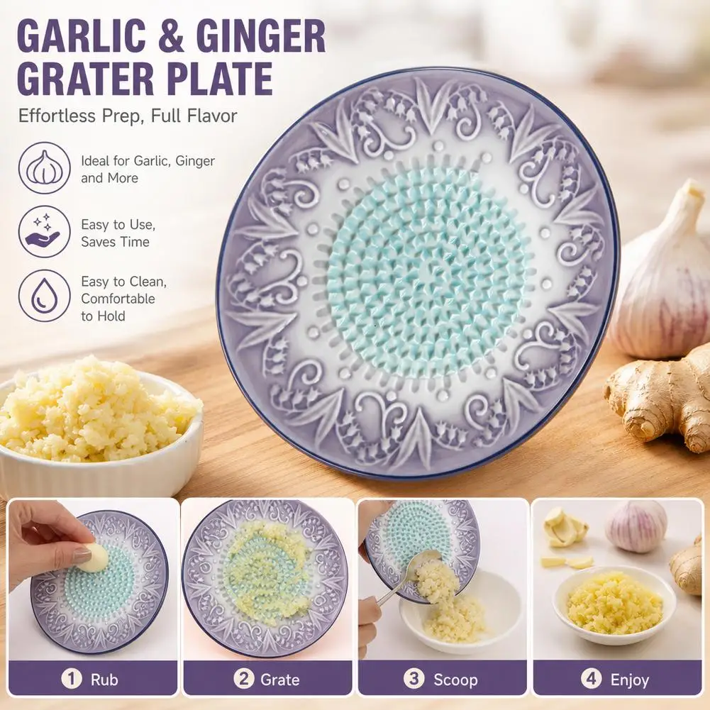 Ceramic Garlic Grater Plate Flower Embossed Ginger Grating Tomato Dish Lily Valley Olive Oil Dip Shredder Kitchen Gadget Set