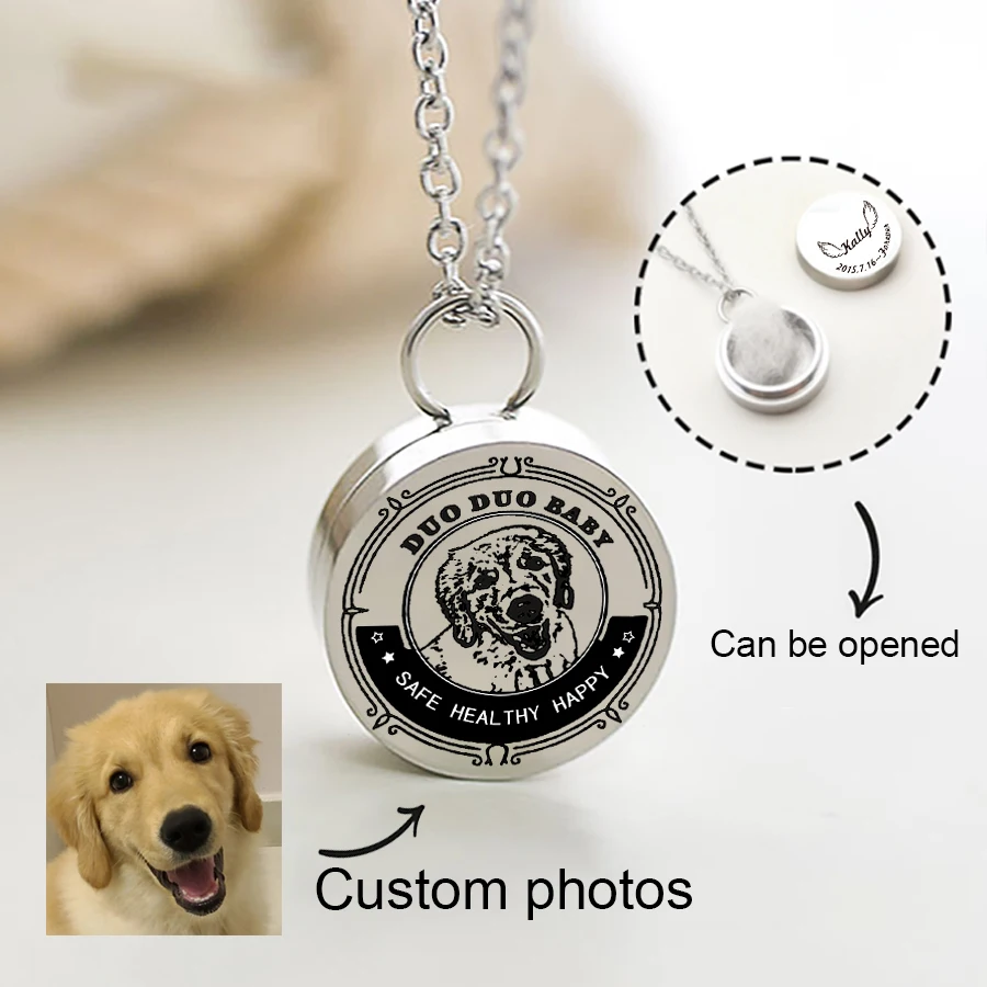 Personalized Pet Photo Custom Necklace Round Urn Necklace Cremation Jewelry Ashes  Memorial Pendant Stainless Steel Keepsake