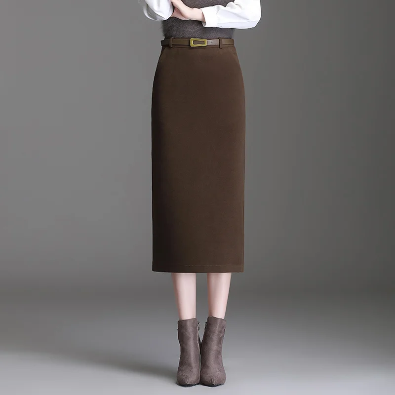 

Women's Autumn Winter Black Coffee Pockets Office Work Pencil Skirt Fashion High Waist Ladies S-3XL Size Female Mid-Calf Skirt