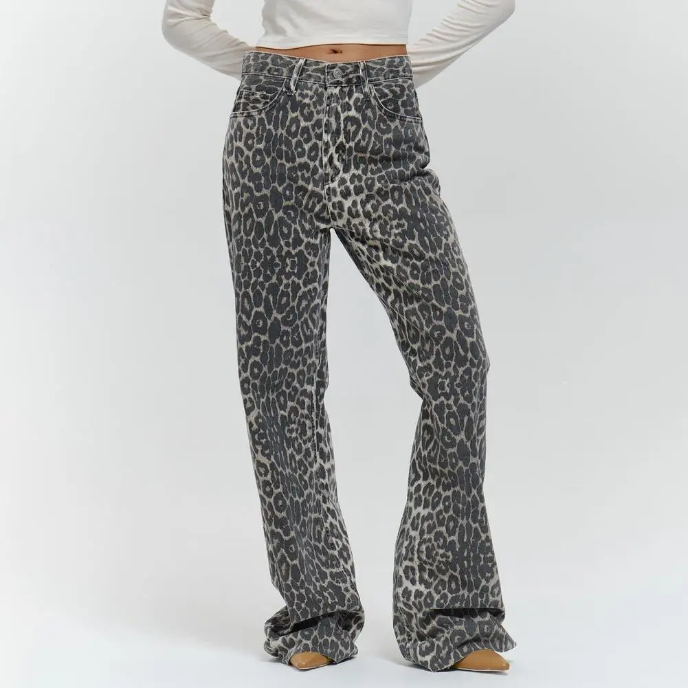 

Women High-waisted Leopard Print Pants Leopard Print Wide Leg Jeans High Waist Button Fly Trousers with Pockets for Women Women