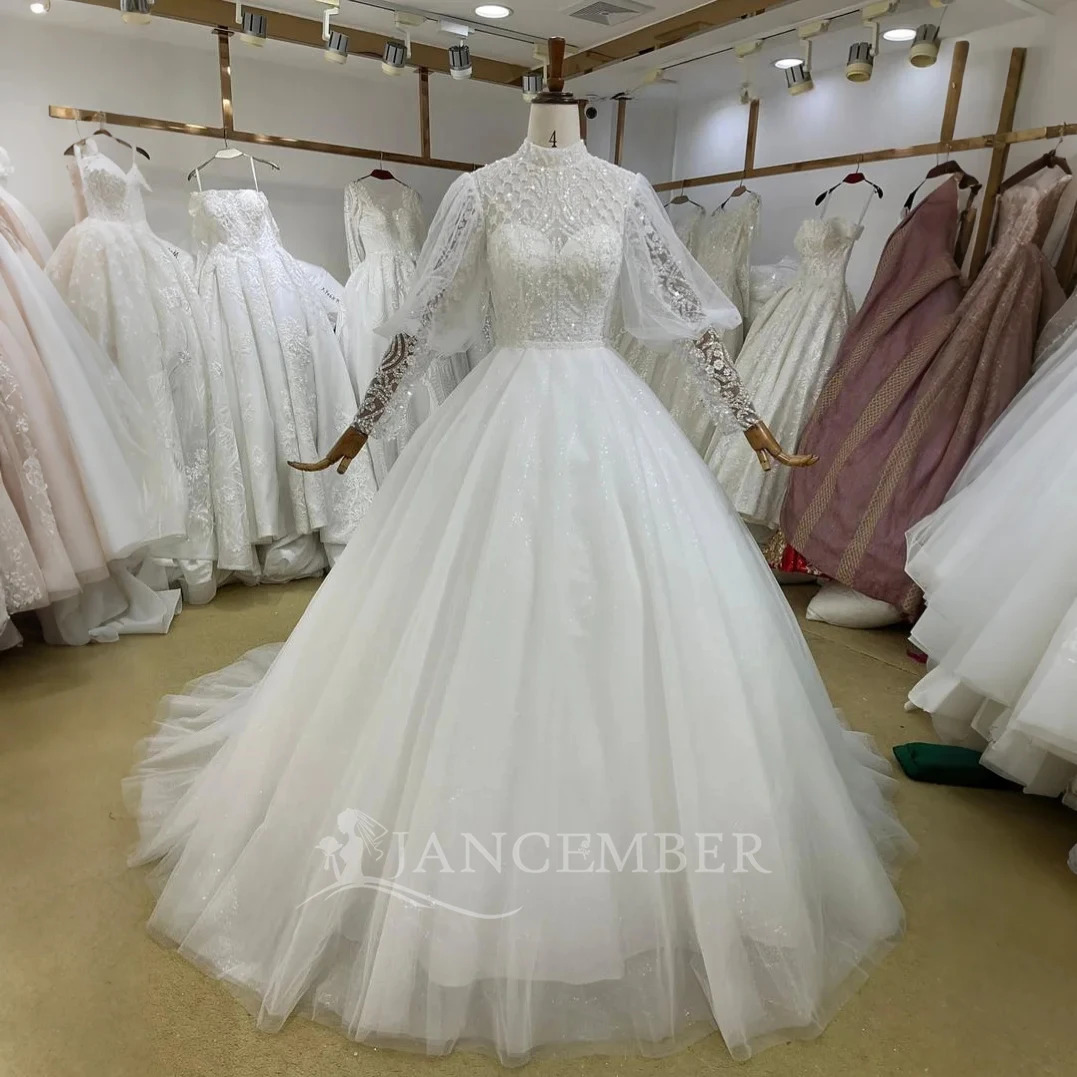 

Customized Organza Modern Ball Gown Long Sleeves Wedding Dress Princess Lace Sequins Pearl Beaded Bride Gown Vestido De Novia