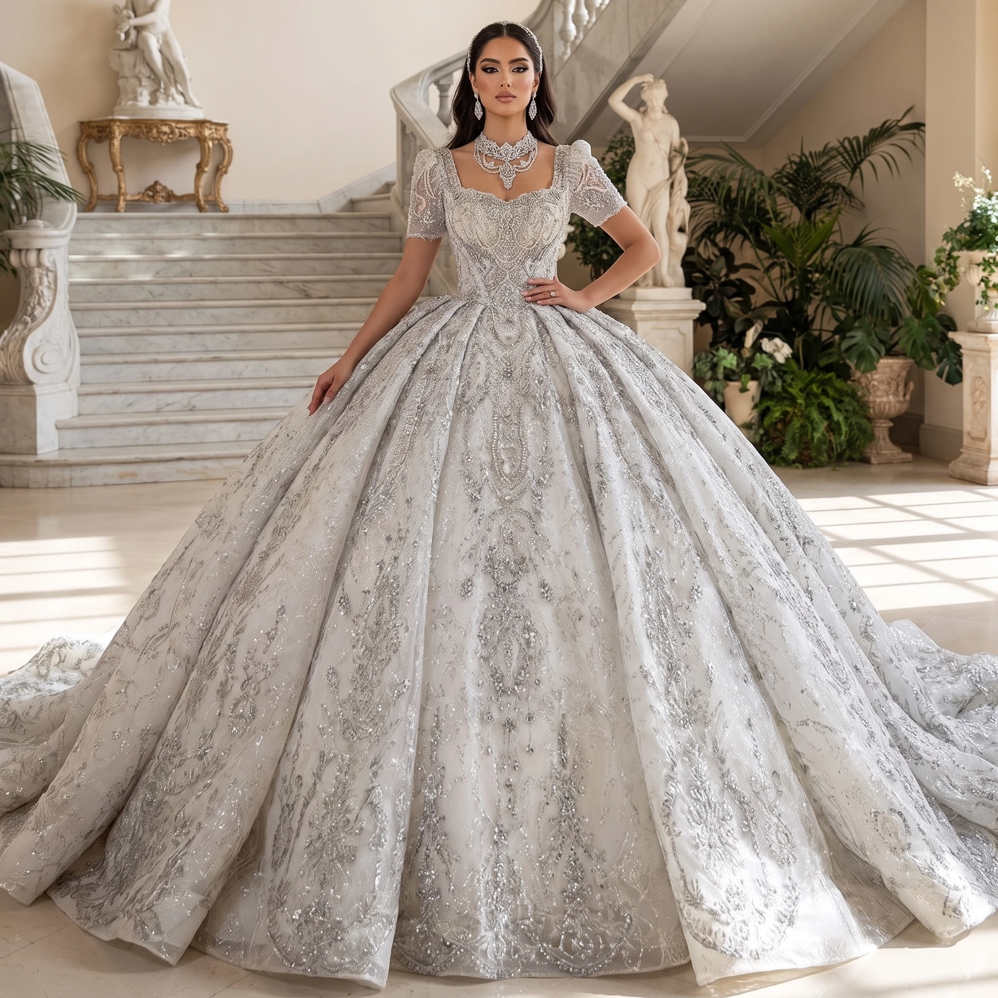 Customized Exquisite Wedding Dress Scoop Neck Tassel Lace Beaded Short Sleeve Bride Dresses Lace Up Back Vestidos De Noiva