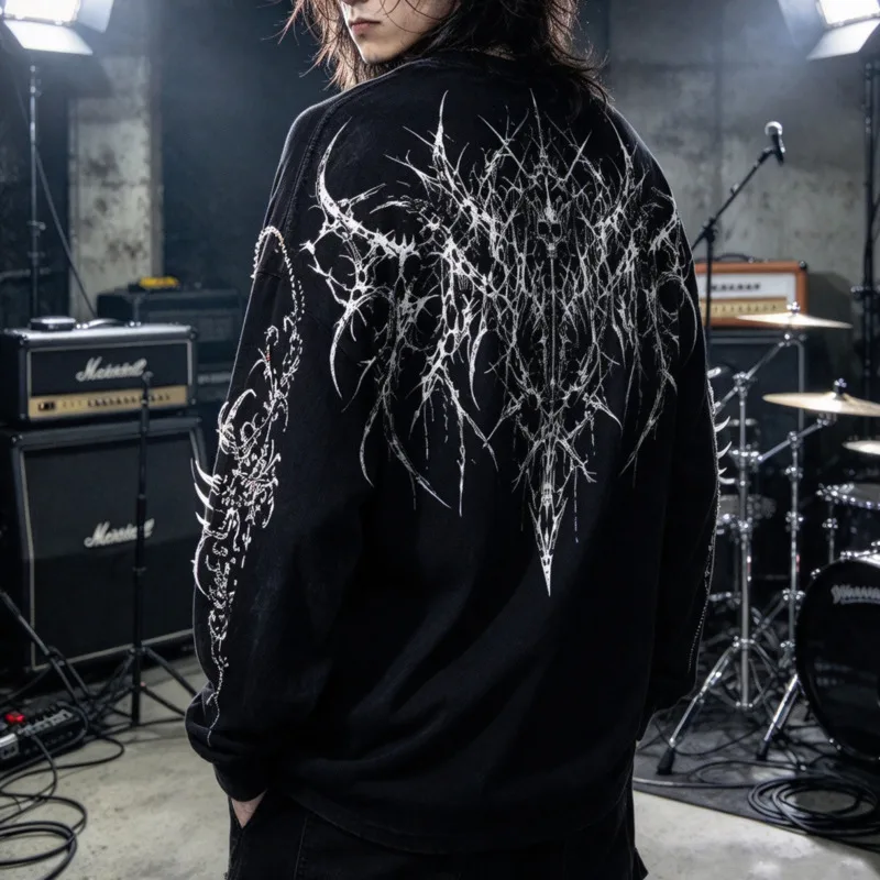 HKSH Spring Autumn New Men Tide Dark Punk Gothic Dark Heavy Metal Print Long Sleeve T-shirt  Trend Streetwear Subculture HK28872