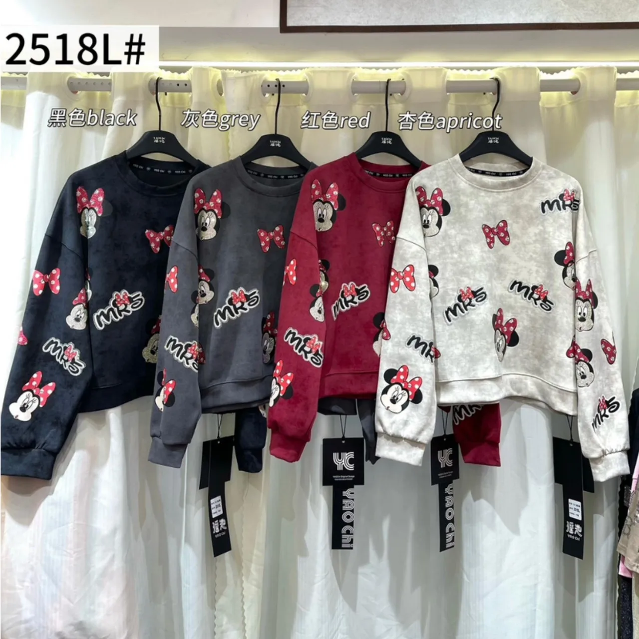 

New style women's top with hot-fix diamonds, sweatshirt fleece, fashionable heavy-industry cartoon Mickey women's clothing