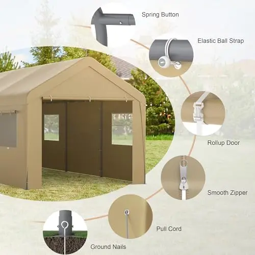Carport 10'x20', Heavy Duty Car Canopy Portable Garage with Roll-up Windows, Removable Sidewalls & Doors for Truck Boat