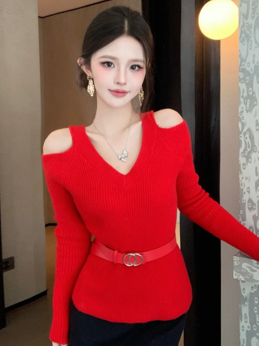 Sexy Red Knitted Shoulder Bared Women's Slim Fit Pure Color Top Commuter Versatile Simple Style Long Sleeve V Neck Knitwear