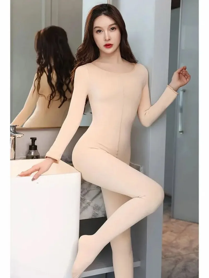 

Unisex Autumn Winter Fleece Bodystocking Zipper Open Crotch Bodysuit Tights Sexy Leotard Conjoined Lingerie Thermal Pyjamas Body
