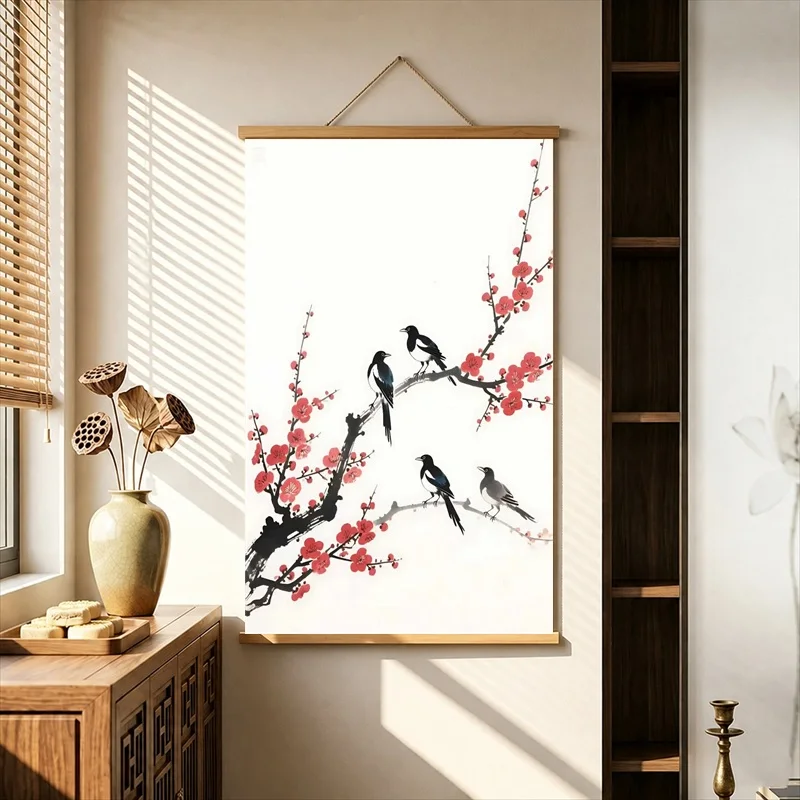 Kawaii Room Decor Cute Magpies on Pink Plum Blossoms, Pearlescent Canvas Hanging Scroll for Childrens Bedroom Decor