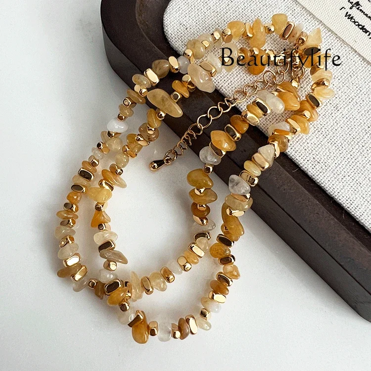 

Irregular natural stone necklace bracelet light luxury niche yellow agate neck chain beaded collarbone chain