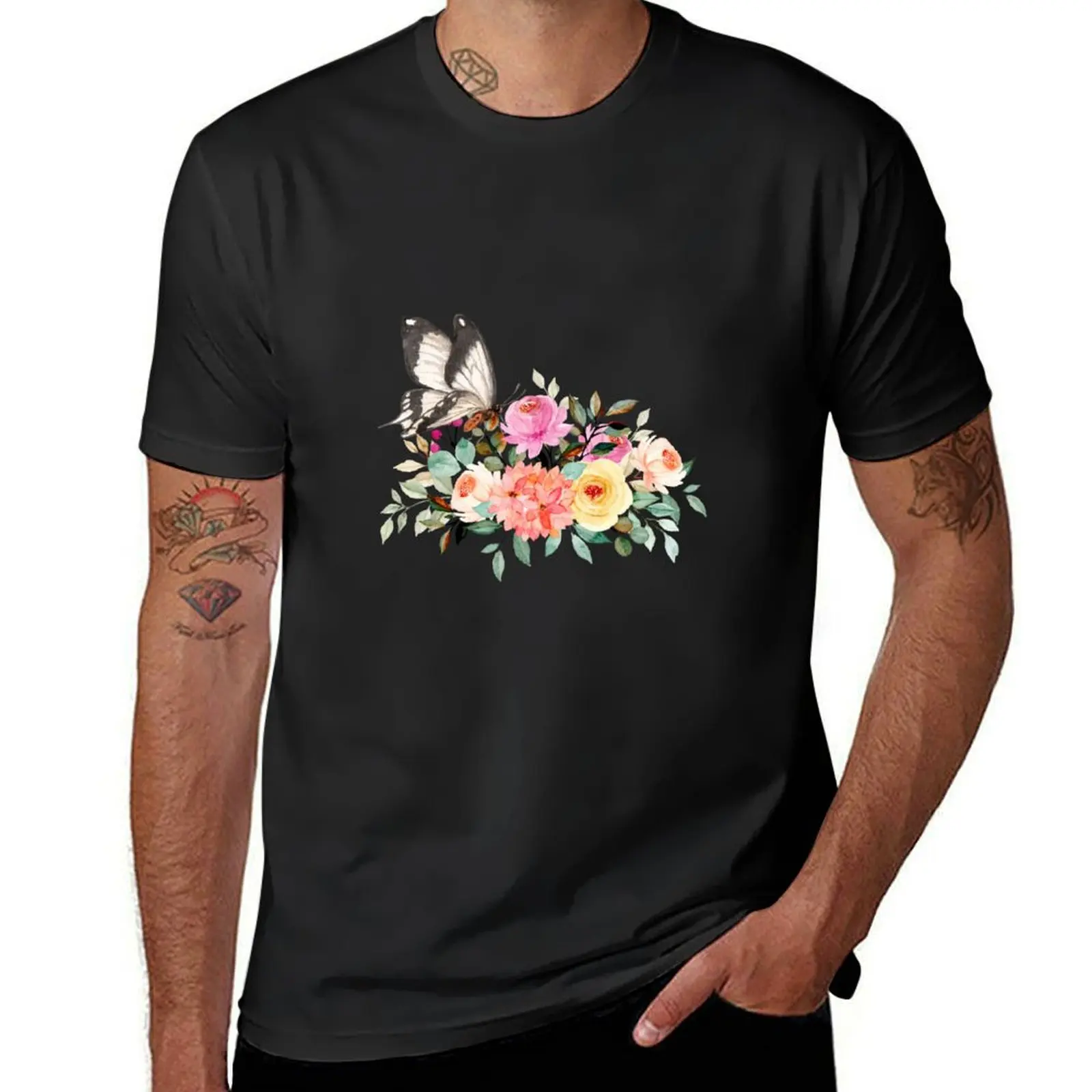 Watercolor butterfly on an pink and yellow floral bouquet : Spring illustration T-Shirt boys whites blacks designer t shirt men