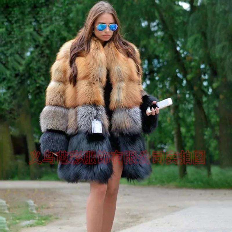Trendy Women's Winter Fur Coats Faux Fur Jackets Fluffy Medium Length Luxury Patchwork Color Blocking Loose Casual Versatile